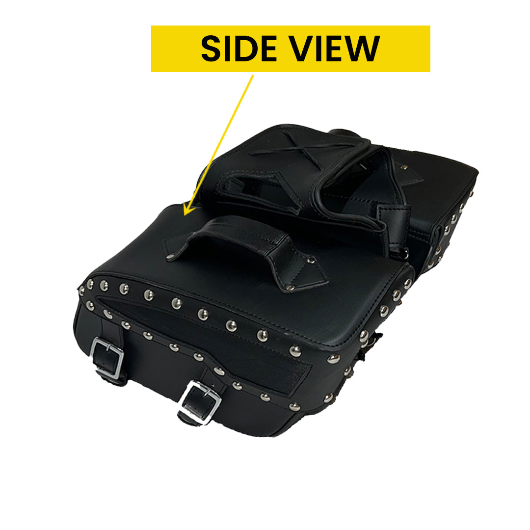 Motorcycle saddlebags made of genuine cowhide leather, featuring two adjustable straps with metal buckles, a studded design for a classic biker look, and a spacious throw-over style for easy installation on most motorcycles. The durable black leather construction provides weather resistance and long-lasting use, while the secure closures keep belongings safe during rides. Perfect for cruiser, chopper, and touring motorcycles, these saddlebags offer ample storage for travel essentials, tools, and gear