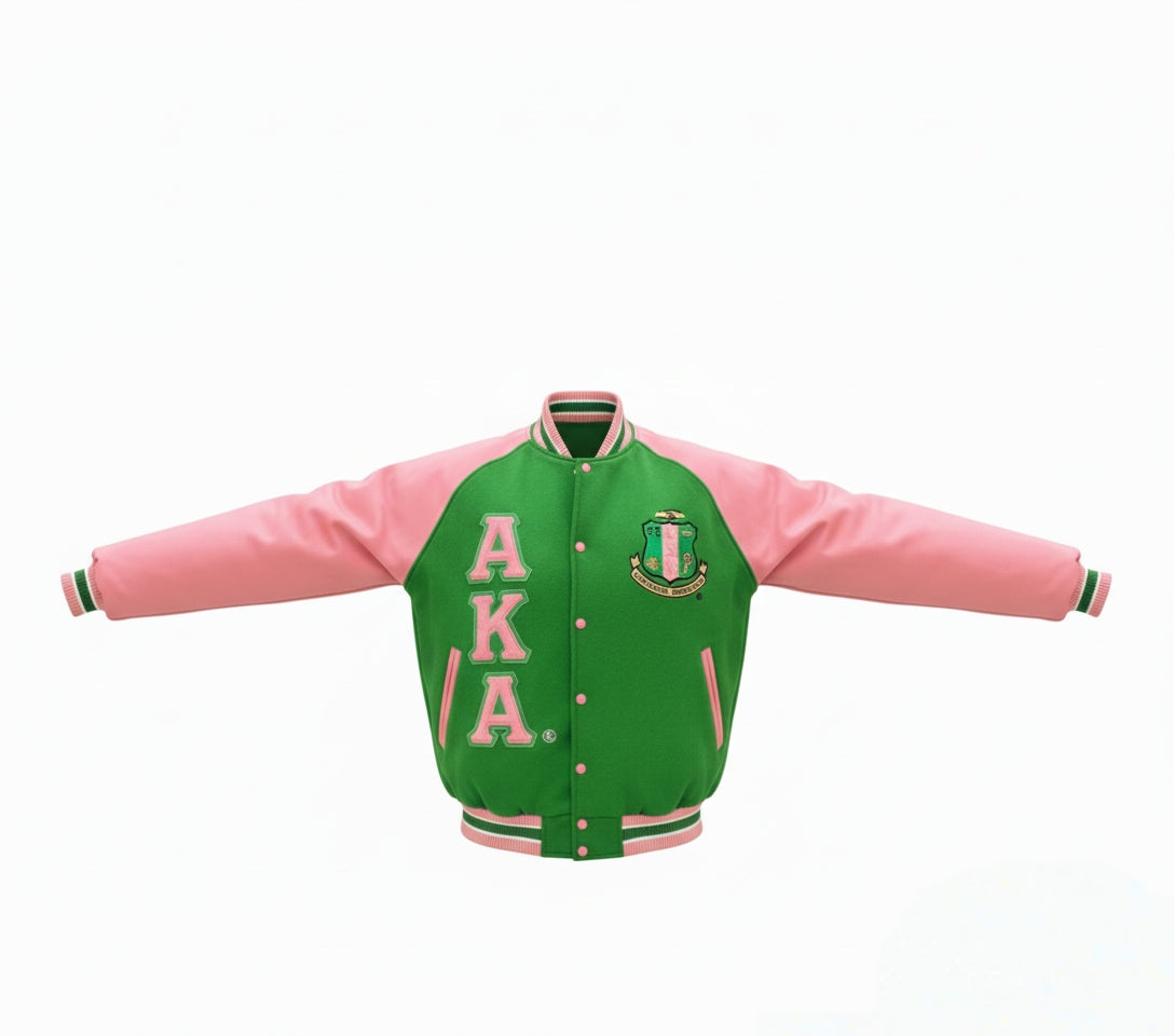 "Unisex Alpha Kappa Alpha (AKA) letterman jacket featuring a green 100% cashmere wool body, pink 100% leather sleeves, custom satin lining, and embroidered logos, offering a premium blend of warmth, comfort, and sorority pride."