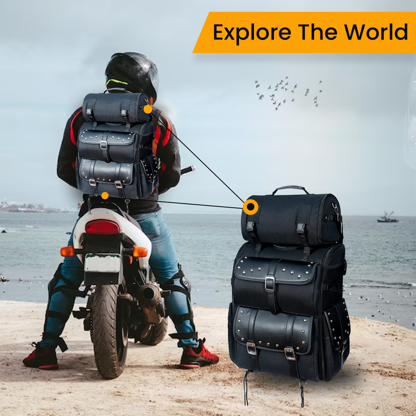 Genuine leather large studded 2-piece motorcycle sissy bar bag – black biker luggage with chrome stud accents, multiple storage compartments for gear and accessories, durable and weather-resistant touring bag, adjustable mounting rig for secure fit on sissy bars, spacious main compartment with easy-access pockets, premium leather motorcycle travel bag for Harley, Honda, Yamaha, and more, detachable top bag for extra storage, stylish and functional studded motorcycle bag for long rides and road trips