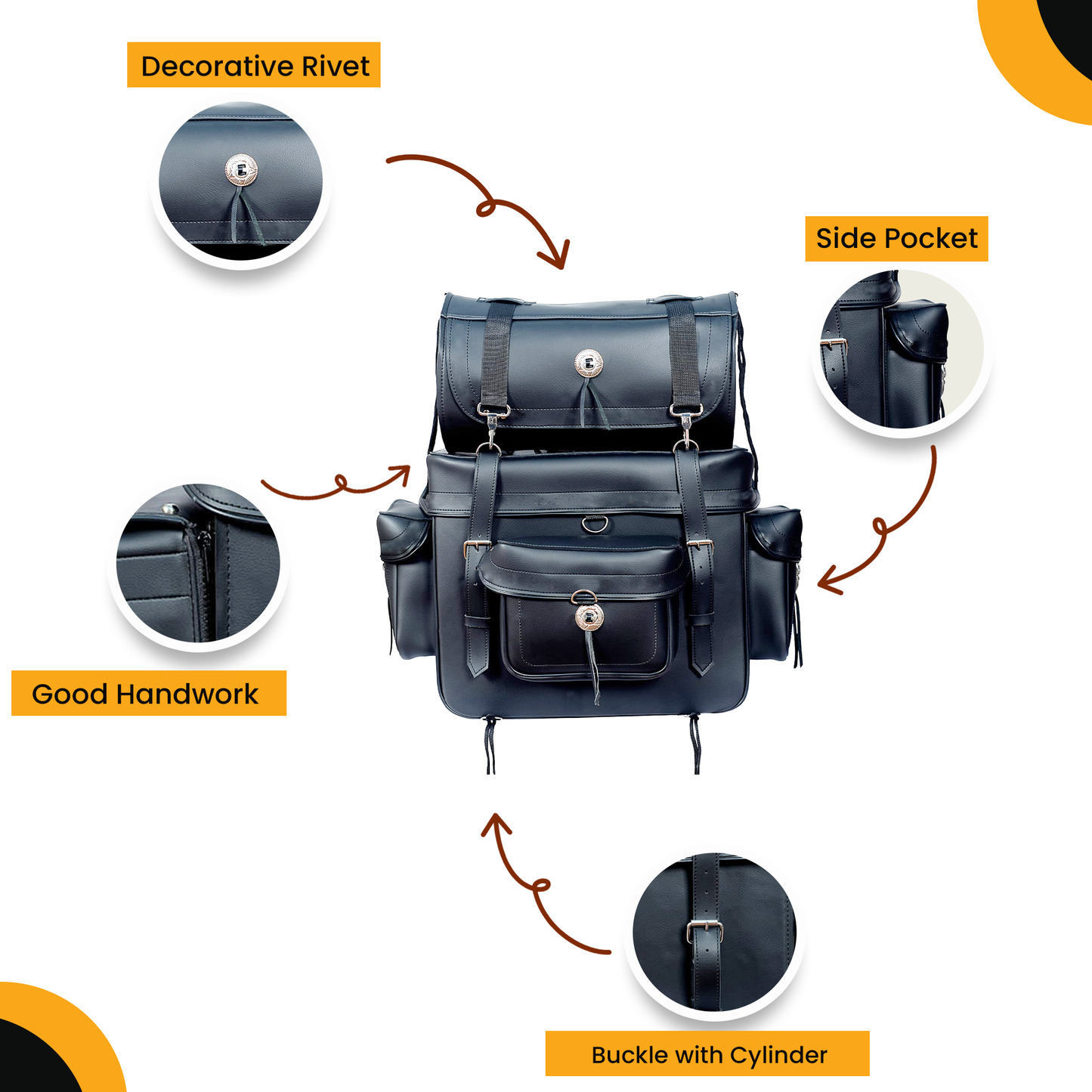 "Motorcycle leather sissy bar touring luggage – black 2-piece travel bag with three external pockets for extra storage, durable and weather-resistant motorcycle luggage set, secure mounting system for easy attachment to sissy bars, spacious main compartment for riding gear and accessories, premium leather touring bag for Harley, Honda, Yamaha, and more, versatile detachable top bag for added packing convenience, stylish and functional biker luggage for long rides and road trips."