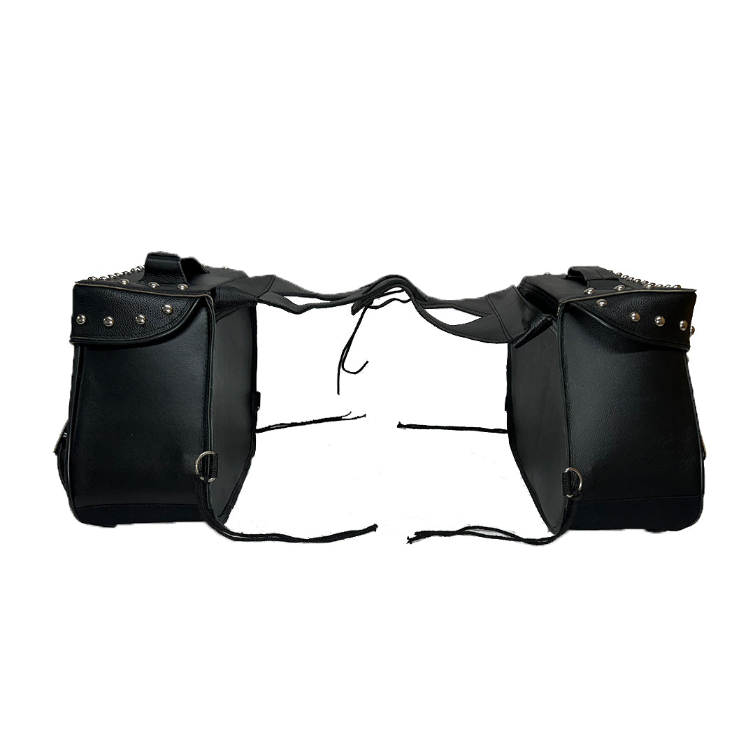 Motorcycle saddlebags crafted from genuine cowhide leather, featuring three adjustable straps with sturdy metal buckles for secure closure. The studded design adds a classic biker aesthetic, while the throw-over style ensures easy installation on most cruiser, chopper, and touring motorcycles. These durable black leather saddlebags offer weather resistance and ample storage space for travel essentials, tools, and gear. Reinforced stitching enhances longevity, making them a stylish and practical choice.