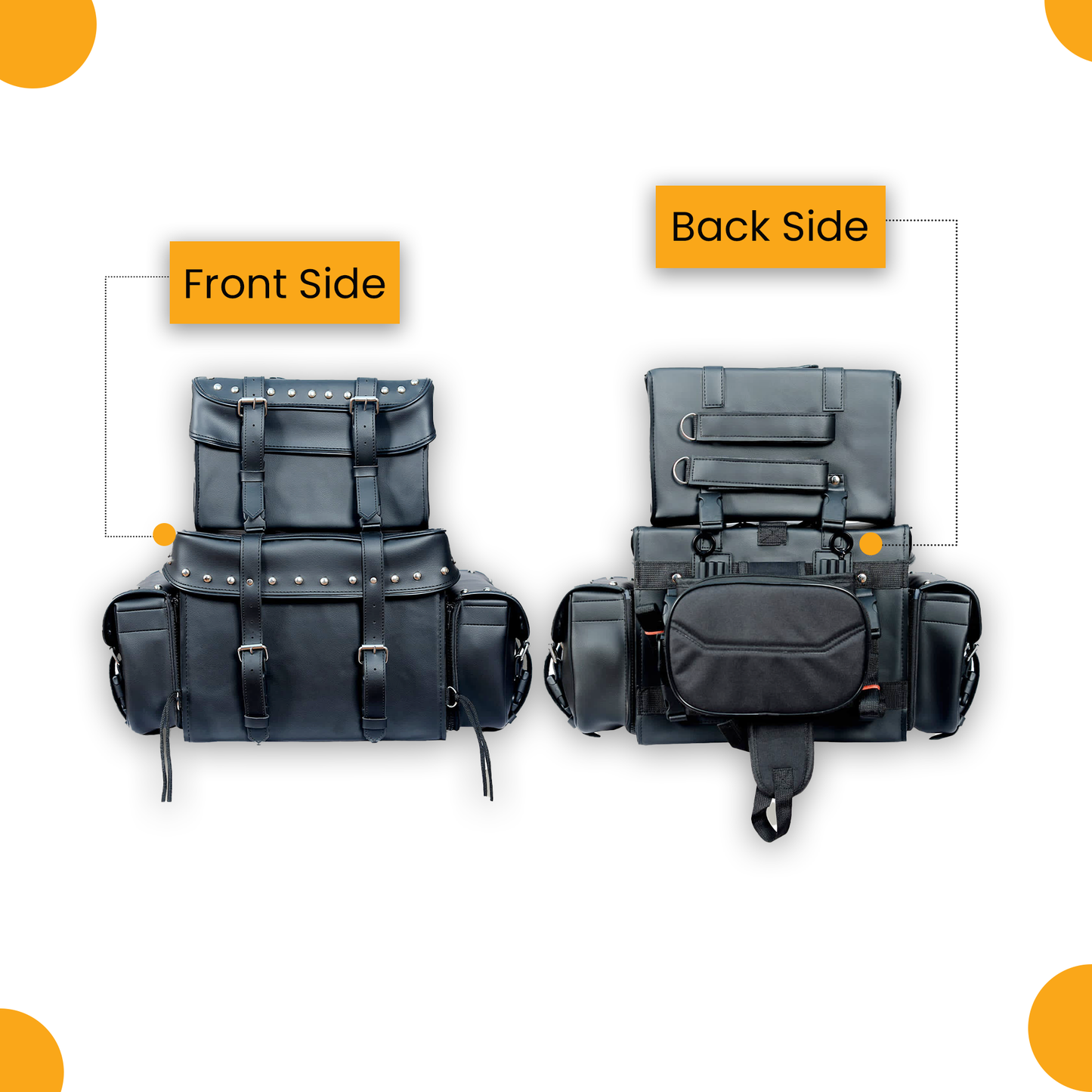 "Leather motorcycle studded sissy T-bar bag – black 4-piece weather-resistant motorcycle luggage set with chrome stud accents, multiple storage compartments for gear and accessories, durable touring bag with adjustable mounting rig for secure fit, premium leather biker travel bag for Harley, Honda, Yamaha, and more, spacious main compartment with additional side pockets, detachable bags for versatile packing options, includes removable rain cover for all-weather protection, stylish and functional studded