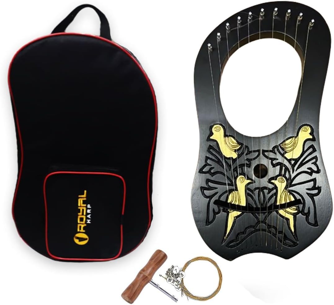 10 String Black Lyre Harp with Gold Bird Engraving, Celtic Irish Style, Includes Tuner and Extra Strings, Handcrafted Decorative Musical Instrument, Ideal for Beginners and Collectors, Elegant Design with Intricate Gold Detailing, Perfect for Celtic Music Enthusiasts.