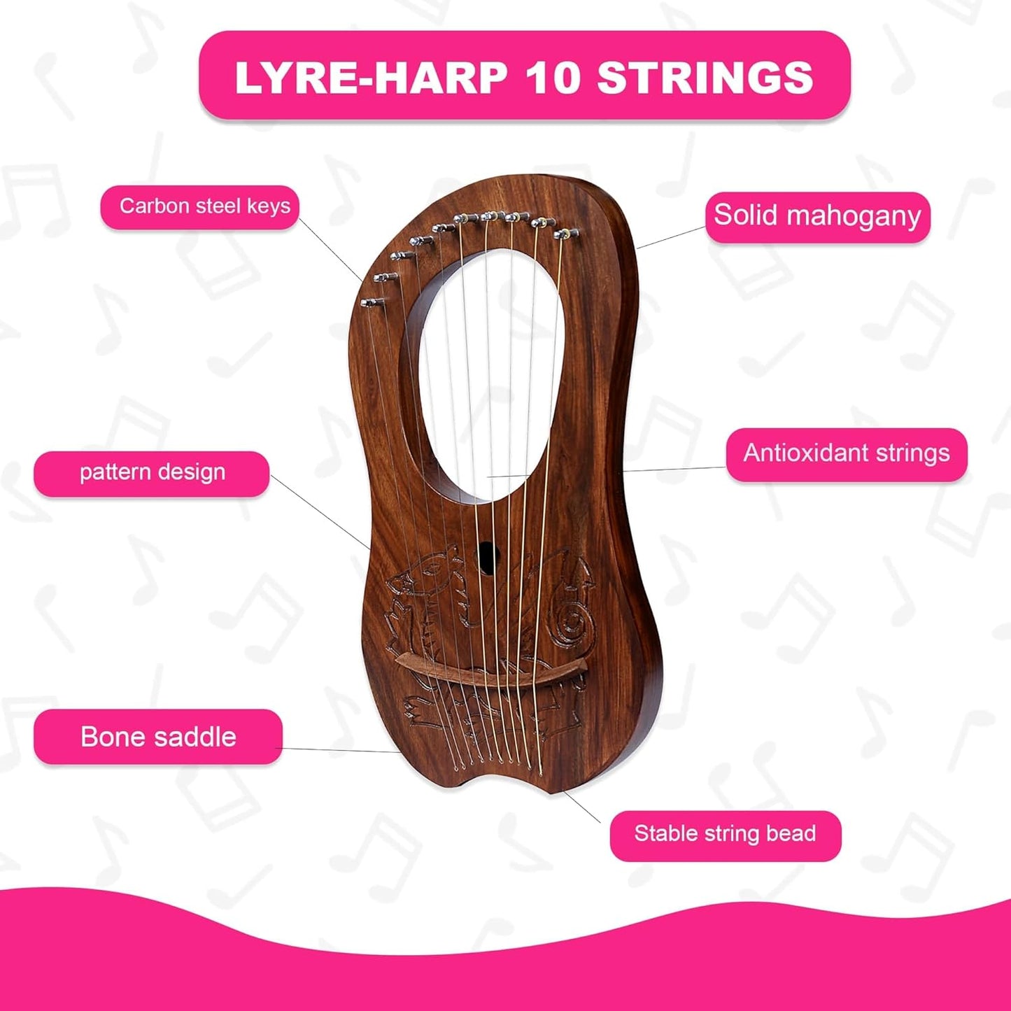 10 String Lyre Harp with Brown Dragon Engraving on Mahogany Body, Ideal for Beginners and Kids, Includes Tuner and Extra Strings, Handcrafted Decorative Musical Instrument, Perfect for Learning Celtic Music, High-Quality Sound, Durable and Elegant Design, Great Gift for Young Musicians and Music Enthusiasts.