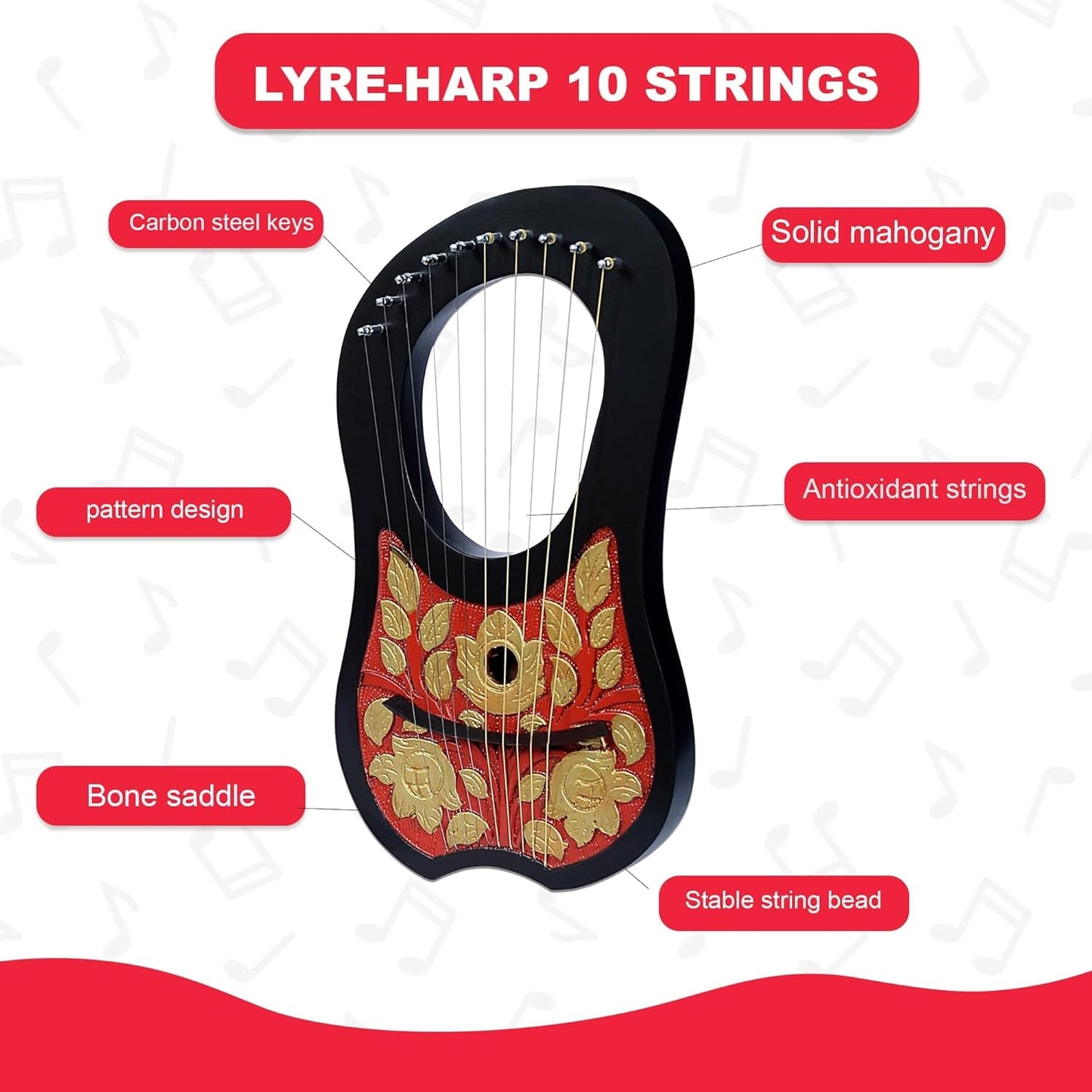10 String Lyre Black Harp with Mahogany Wood, Red and Gold Flower Engraving, Perfect for Beginners, Includes Tuner and Extra Strings, Handcrafted Decorative Musical Instrument, Elegant and Durable Design, Ideal for Learning Celtic Music, High-Quality Sound, Great Gift for Musicians and Collectors.