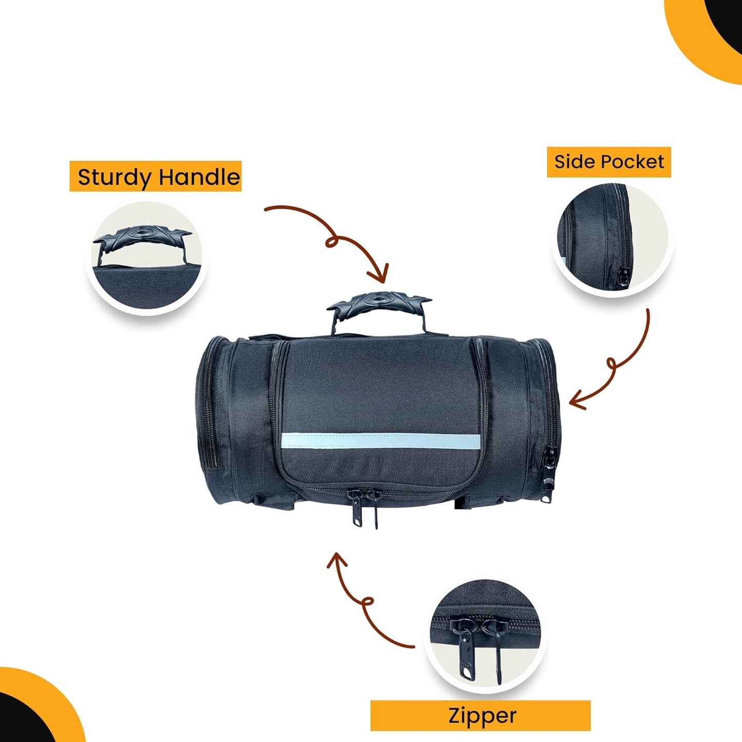 Black motorcycle roll bag designed for sissy bars or tail mounting, featuring a reflective strip for increased visibility and safety. Made from durable, weather-resistant material, this bag includes multiple zippered pockets for organized storage of riding essentials, tools, and personal items. Adjustable straps ensure a secure fit on most cruiser, touring, and adventure motorcycles. Sleek and functional, this roll bag enhances convenience for long rides and daily commutes while adding a stylish touch to yo