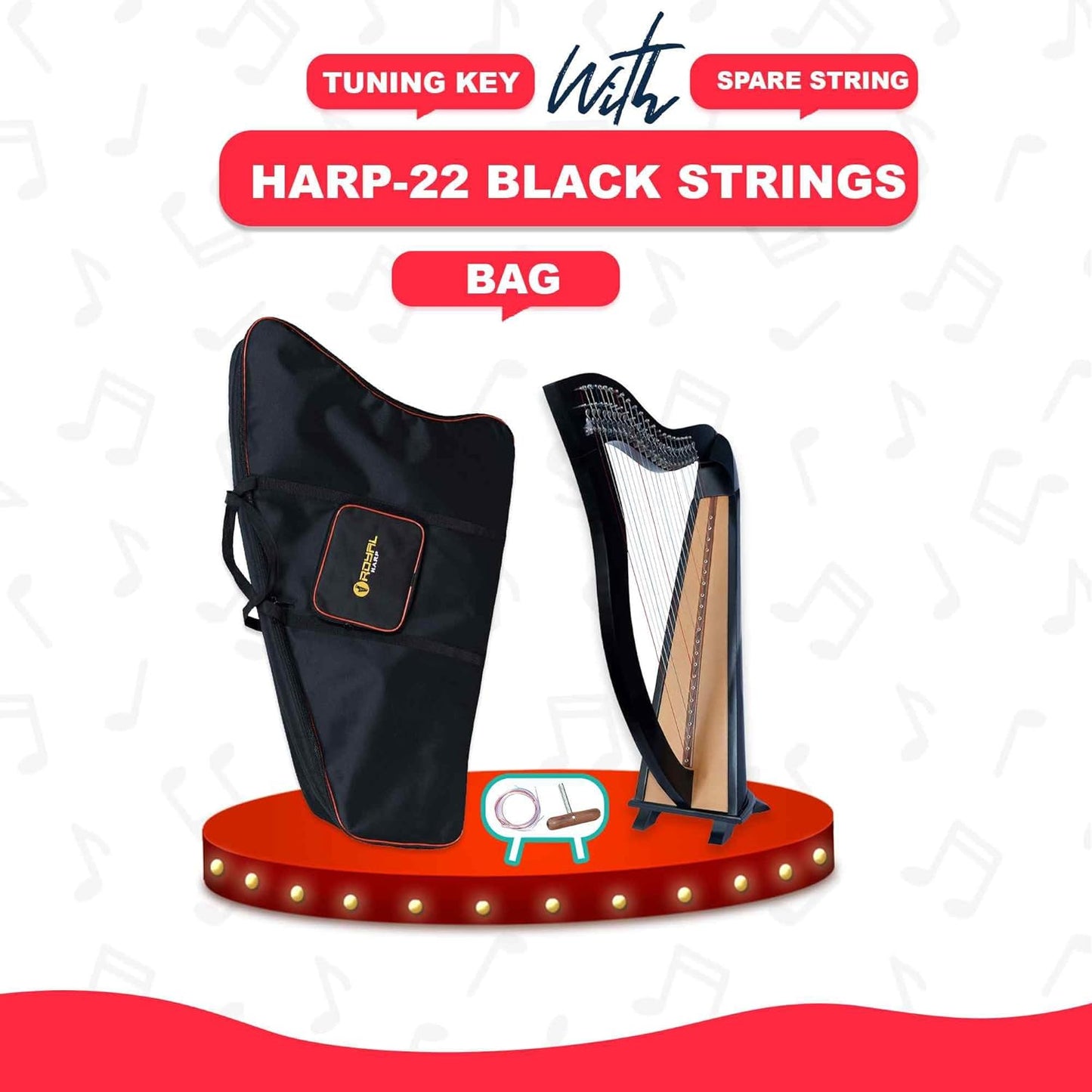 22 Strings Round Irish Style Black Lever Harp with Bag, Tuning Key and Strings