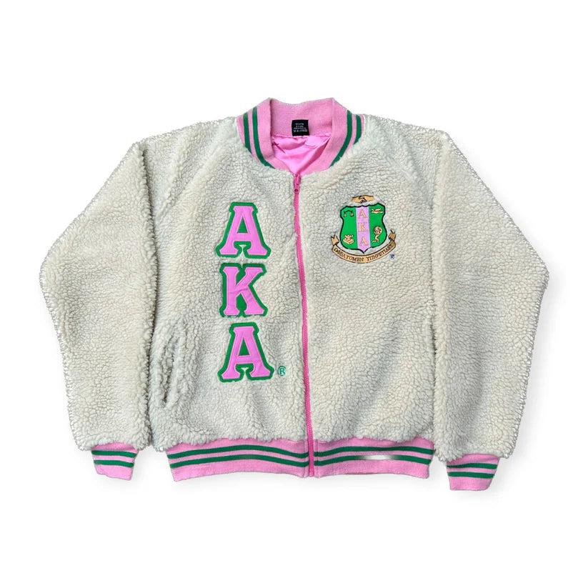Gray fleece jacket with 'AKA' letters and crest on a white background