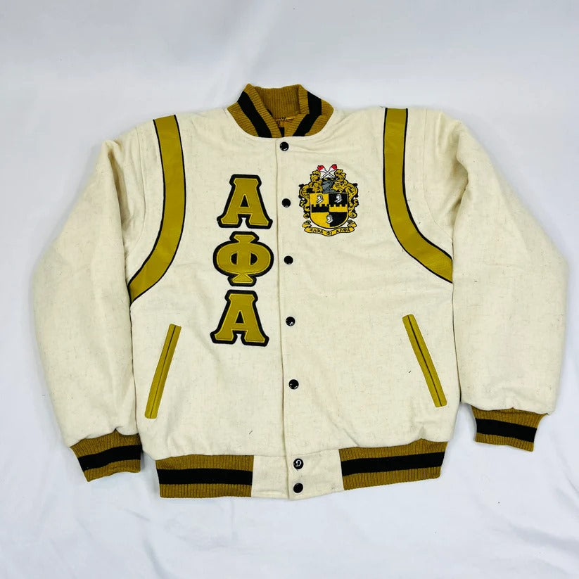 Alpha Phi Alpha (APA) cashmere and old gold leather varsity jacket. Premium D9 Greek apparel.