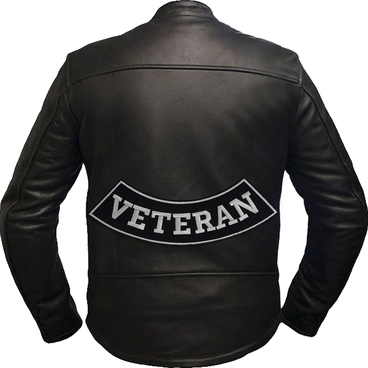 Veteran White on Black Iron On Sew On Large Bottom Rocker Back Patch for Jackets & Vests