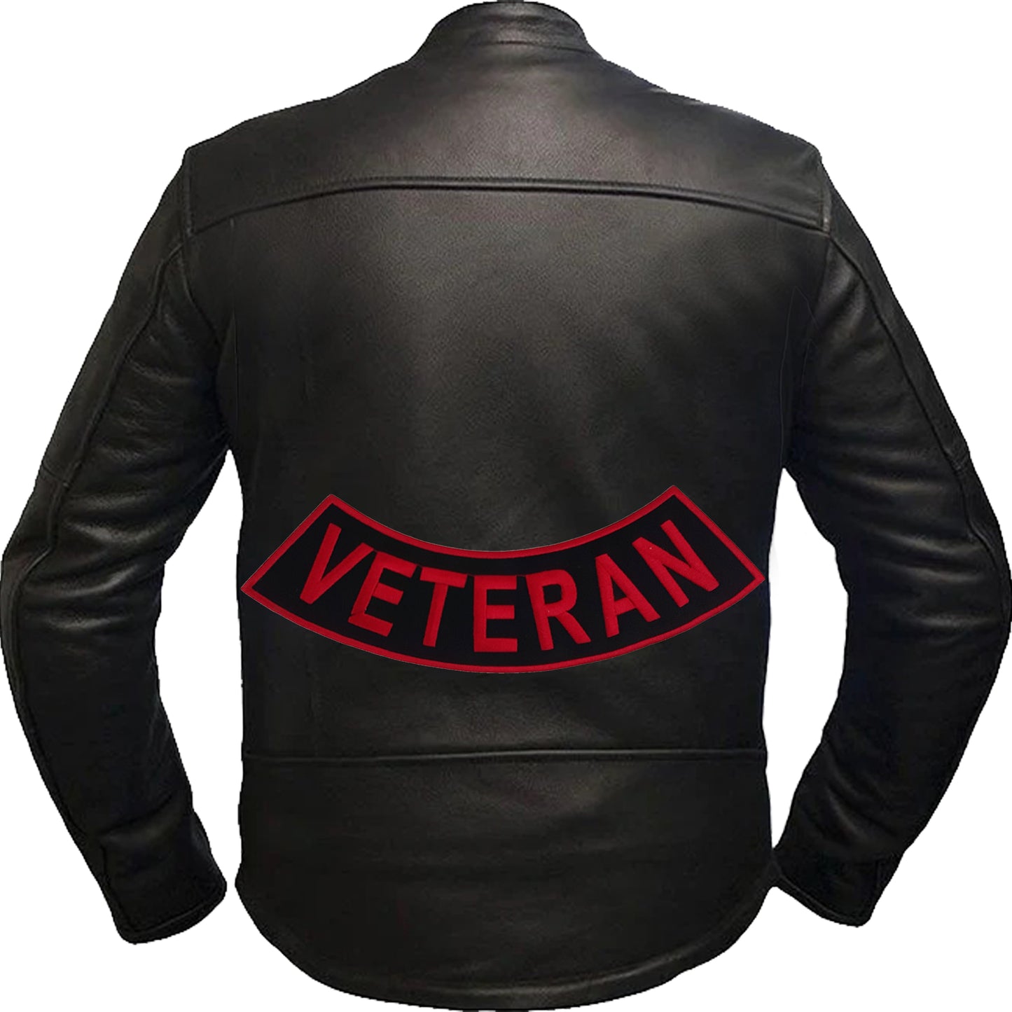 Veteran Red on Black Iron On Sew On Bottom Rocker Large Back Patch for Jacket Vest