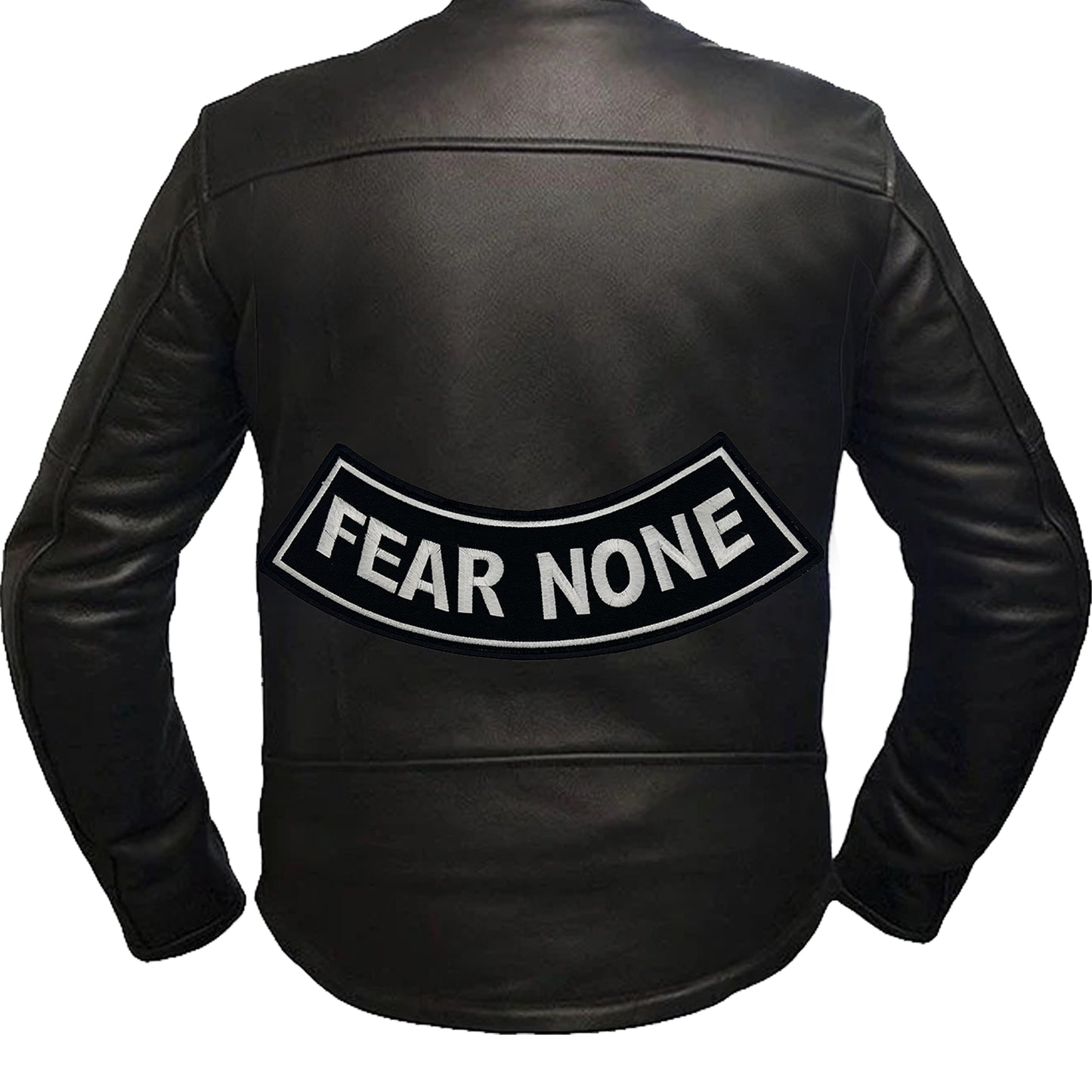 Fear None White on Black Iron On Sew On Bottom Rocker Large Back Patch for Jacket Vest