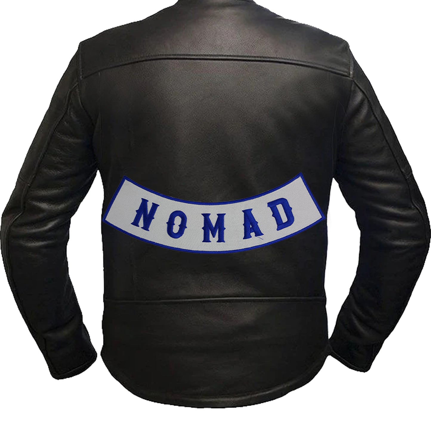 Nomad Blue on White Iron On Sew On Bottom Rocker Large Back Patch for Jacket Vest