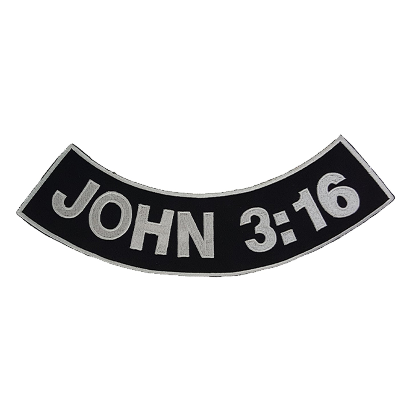 John 3:16 White on Black Iron On Sew On Bottom Rocker Large Back Patch for Jacket Vest