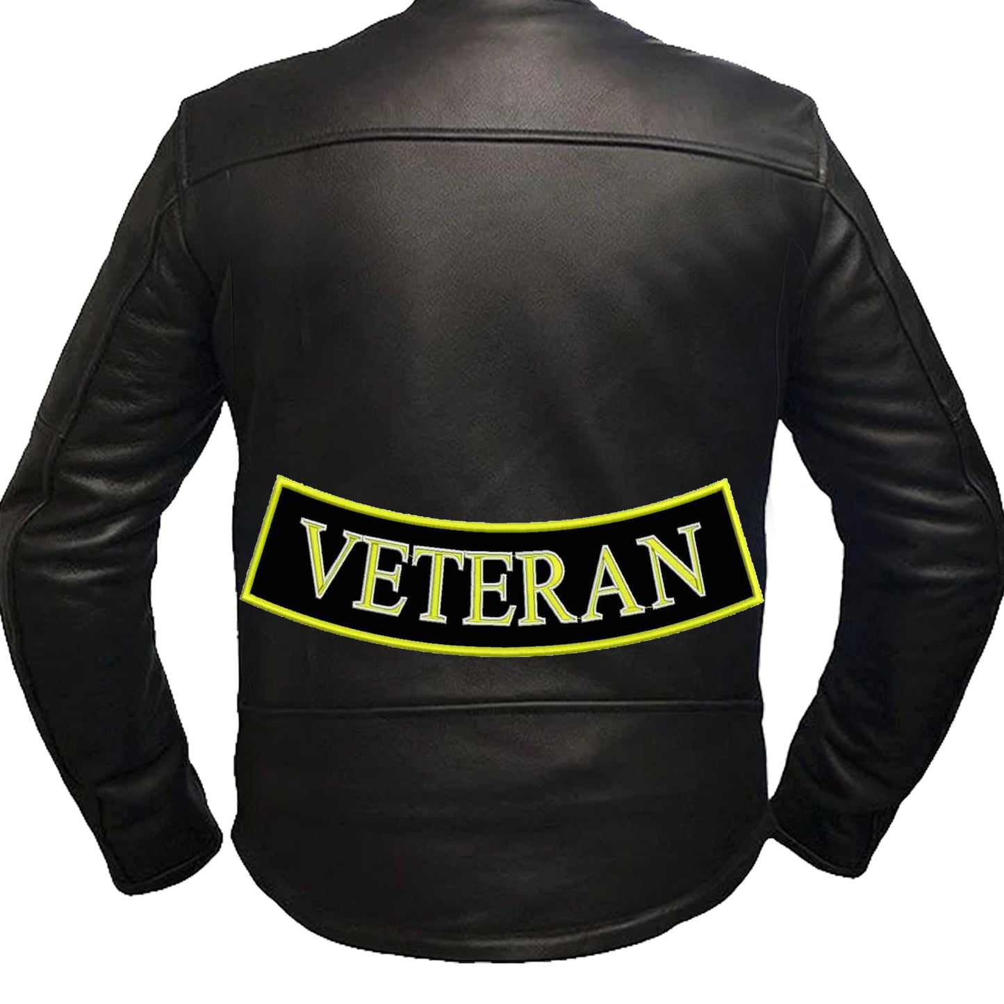 Veteran Yellow on Black Iron On Sew On Bottom Rocker Large Back Patch for Jacket Vest