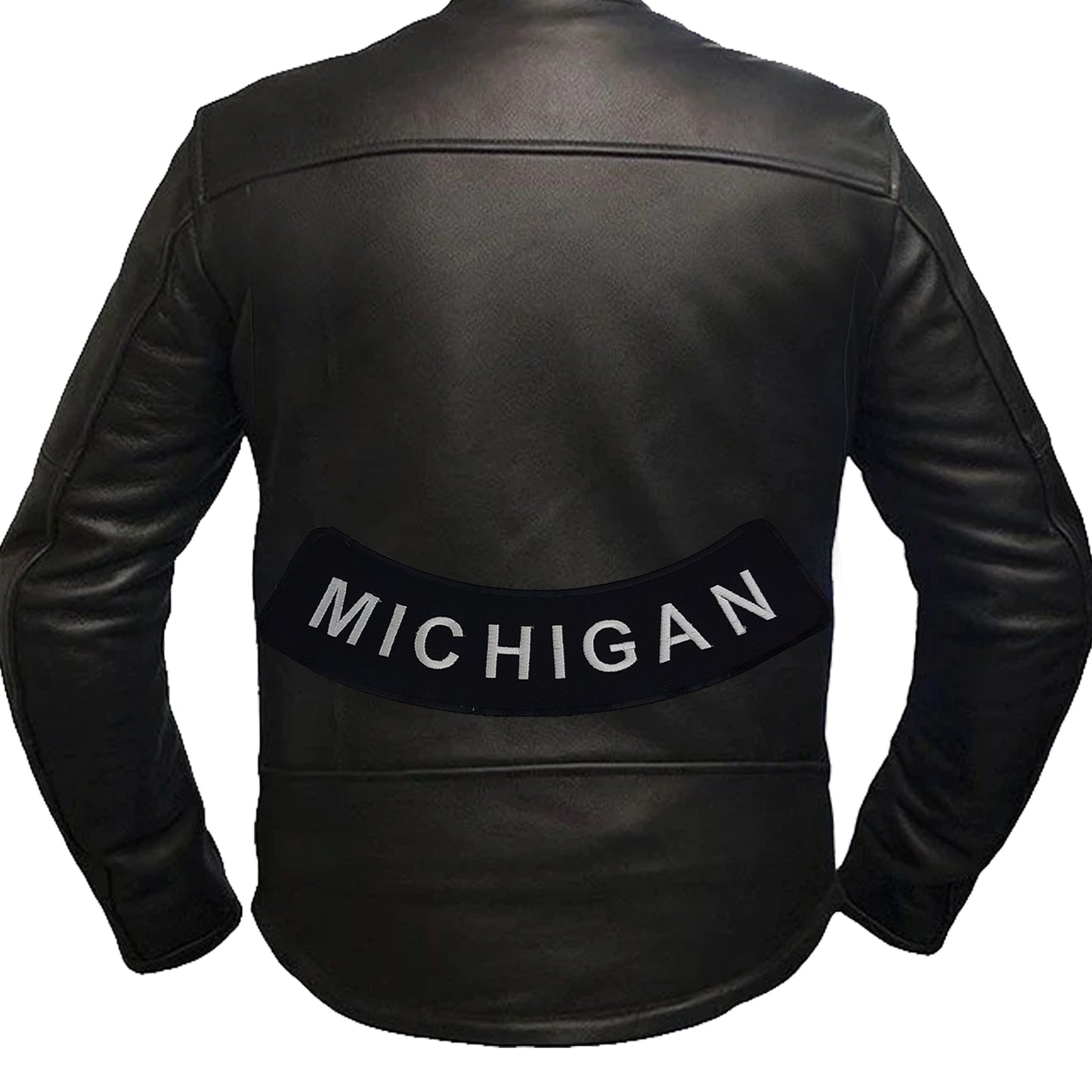 Michigan patch, Michigan biker patch, Michigan back patch, white on black patch, motorcycle patch, biker patch, large back patch, vest patch, jacket patch, embroidered patch, iron-on patch, sew-on patch, biker vest patch, Michigan motorcycle patch, Michigan pride patch, bold Michigan patch, biker lifestyle, biker accessories, biker jacket patch, motorcycle vest patch, club rocker patch, bottom rocker patch, leather vest patch, outlaw biker patch, biker back patch, road warrior patch, motorcycle rider patch,