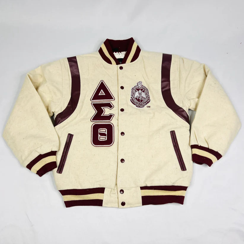 Delta Sigma Theta Premium Letterman Jacket – Cream Wool with Crimson Leather Accents and Custom Ribbing