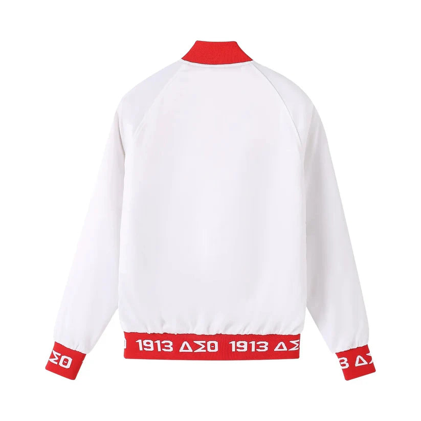 White jacket with red accents and '1913' and Greek letters on a white background