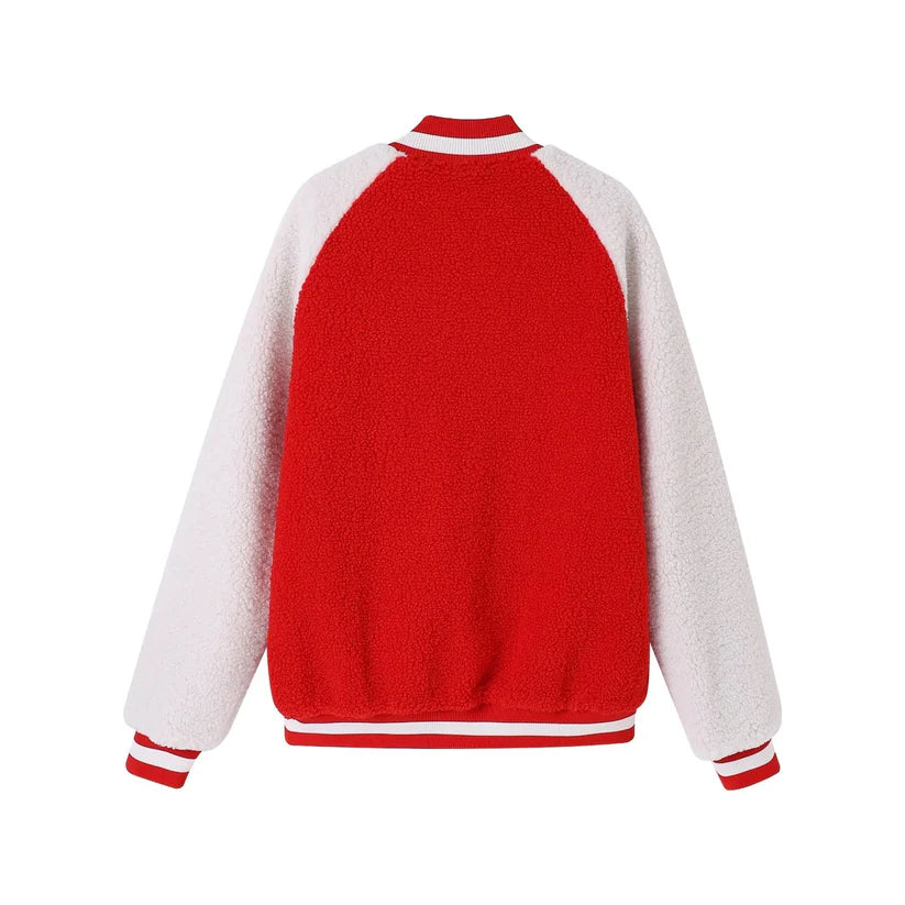 Red and white varsity jacket on a white background