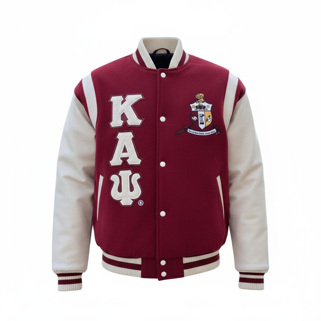 Kappa Alpha Psi Krimson & Kream wool letterman jacket with leather sleeves