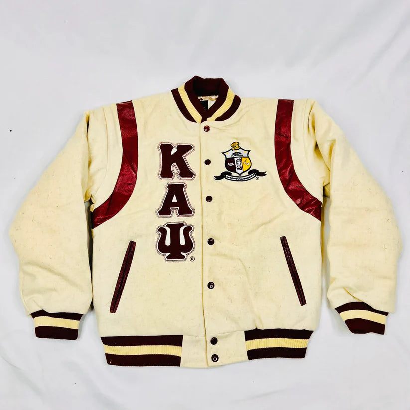 Classic fraternity letterman jacket in brown and cream with premium materials
