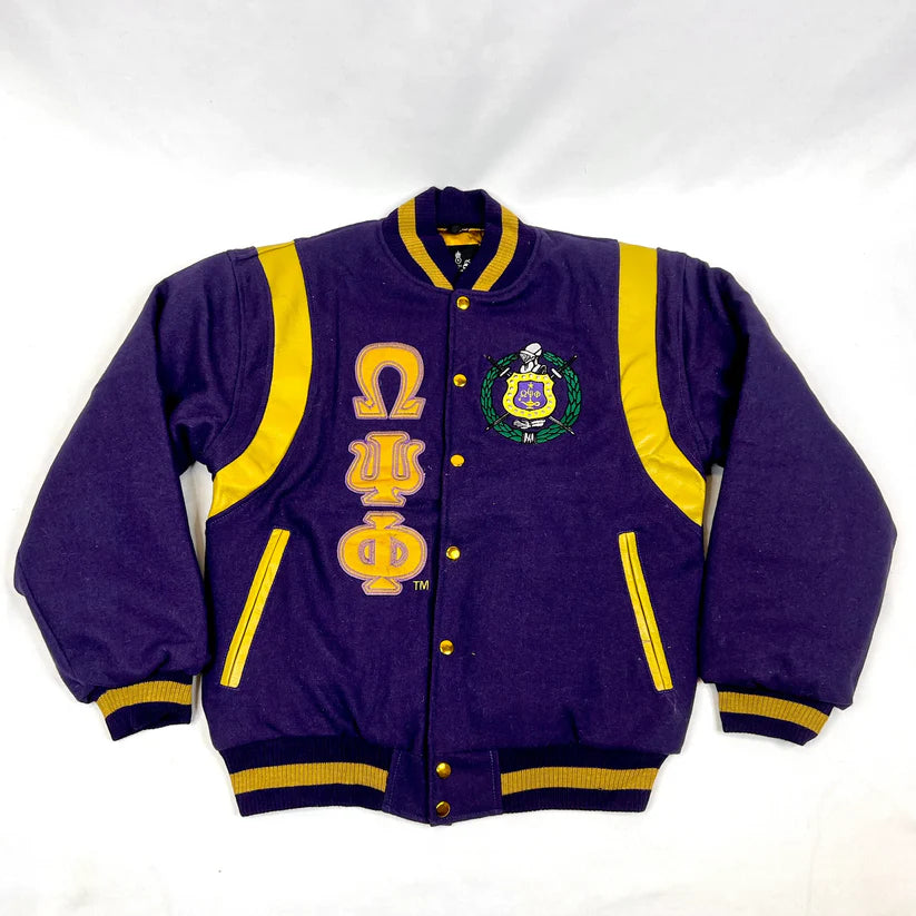 Purple letterman jacket with gold accents and symbols on a white background