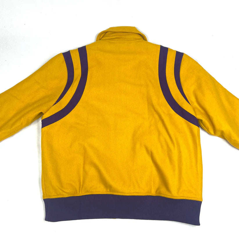 “Back view of Old Gold and Purple Wool Jacket — warm, durable wool blend in bold purple and gold colors.”