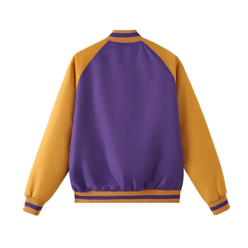 “Back view of Omega Bomber Jacket showing durable nylon fabric and bold stitched applique logo design.”