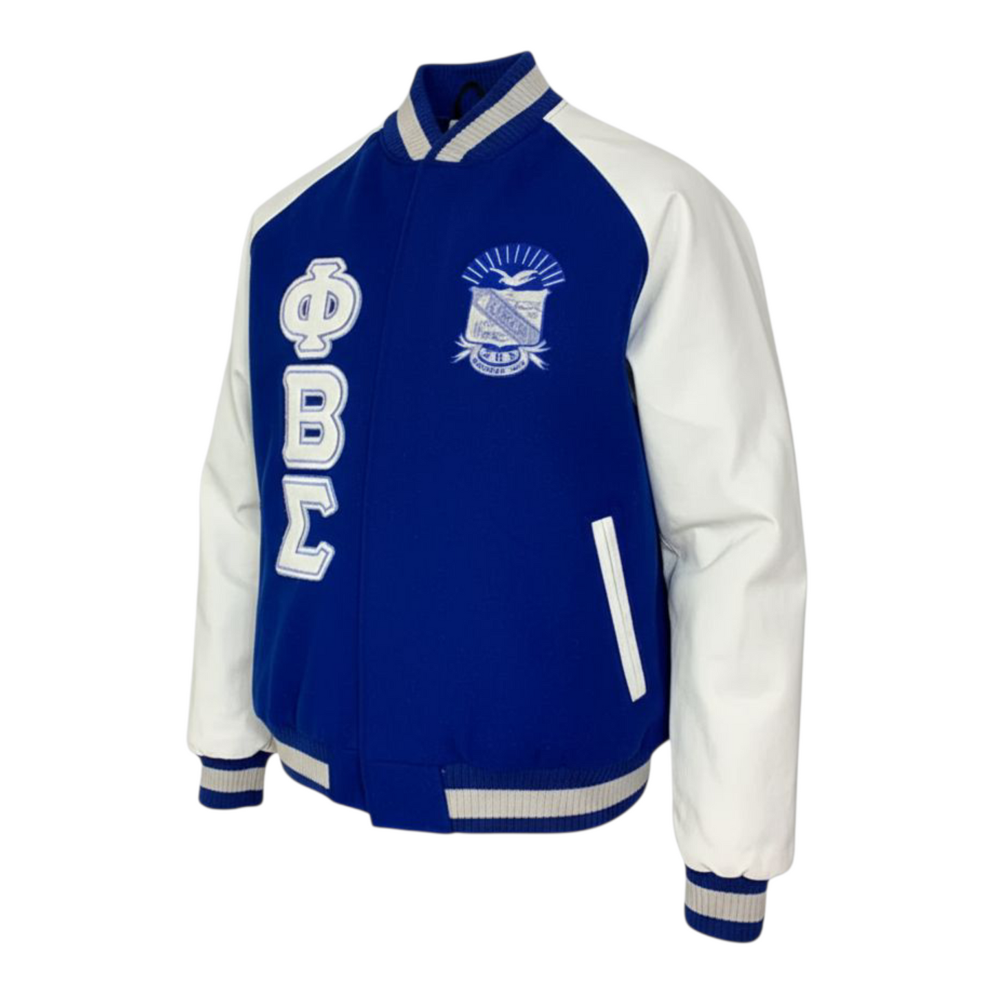 Blue and white varsity jacket withPhi Beta Sigma letters on a white background
