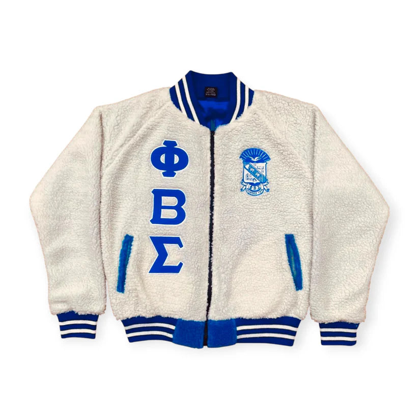 Varsity jacket with blue lettering and emblem on a white background