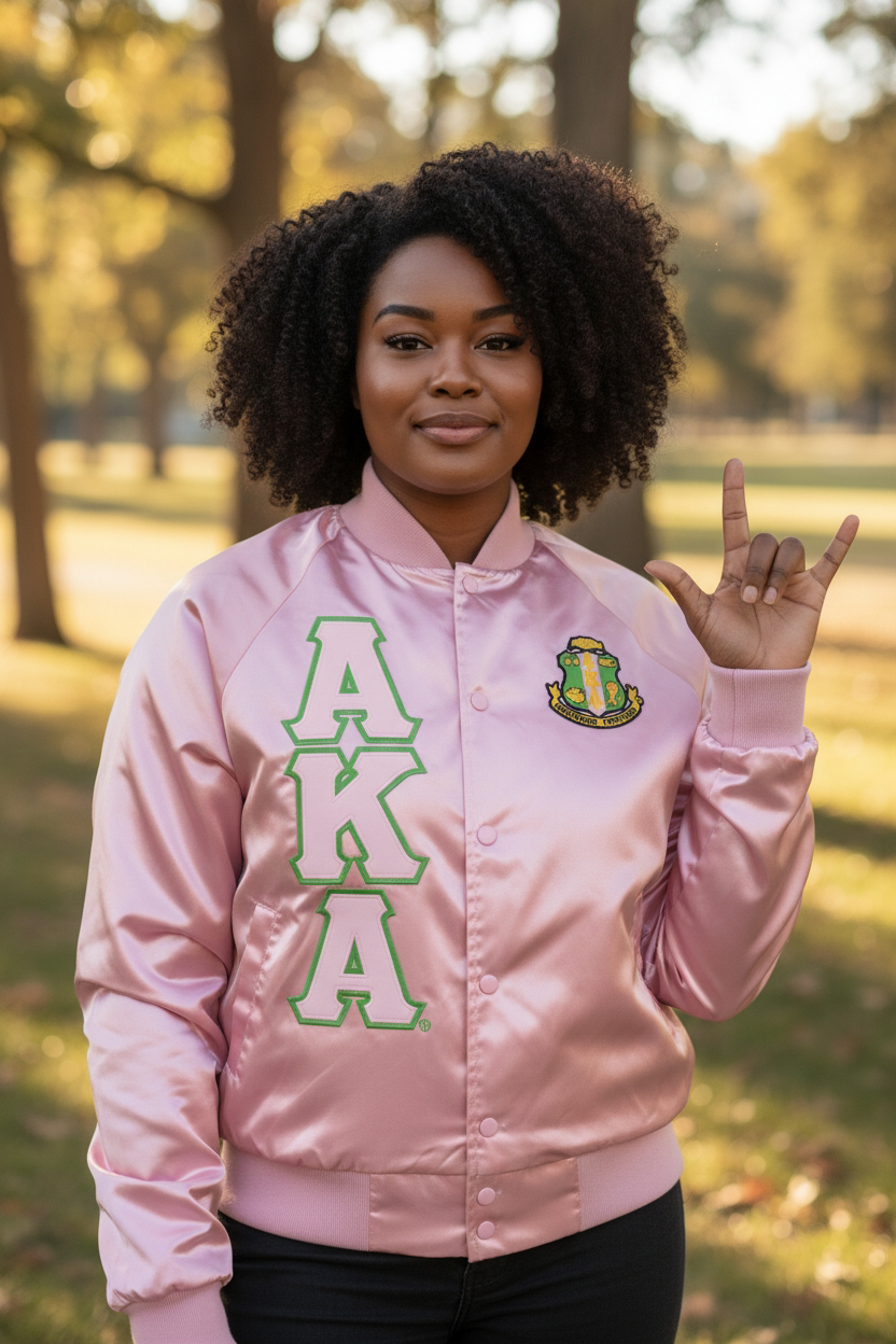 Alpha Kappa Alpha AKA Salmon Pink nylon oxford bomber jacket featuring apple green Greek lettering and official crest, tailored custom fit.