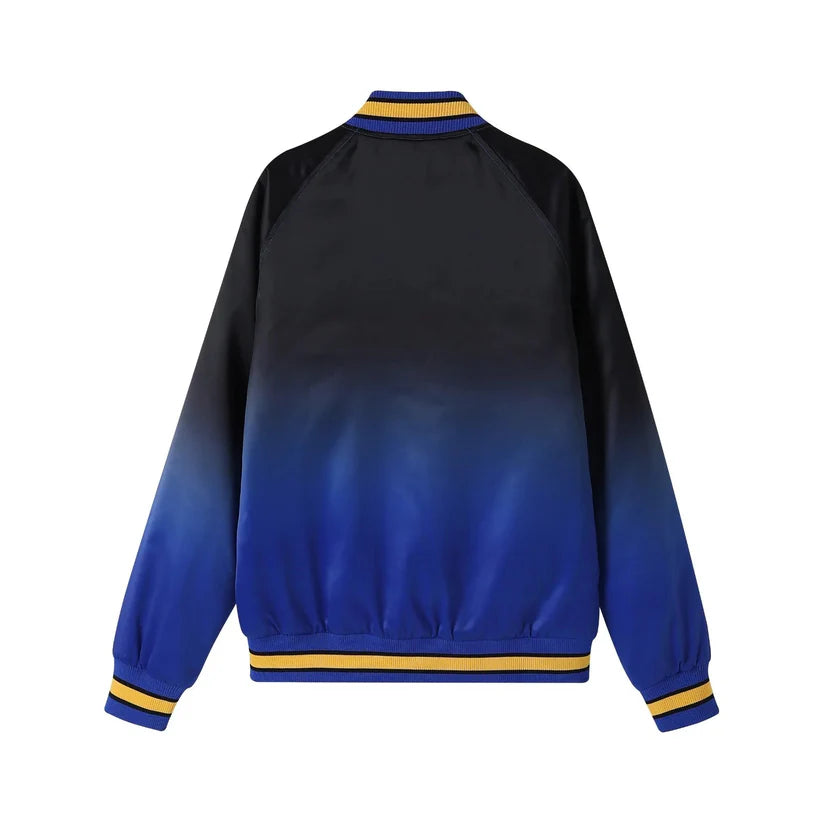 Sigma Gamma Rho Black Ombré Satin Bomber Jacket for men or women. This unisex jacket features a black-to-royal-blue color fade, premium embroidered SGRho logos, and a quilted lining for a bold, stylish look.