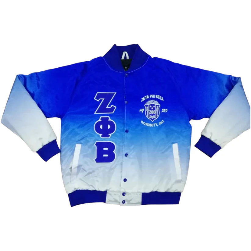 Zeta Phi Beta (ZPB) Faded Satin Bomber Jacket for men or women. This unisex jacket has a Royal Blue to White color gradient, embroidered logos, and a custom back design, perfect for showing sorority pride.