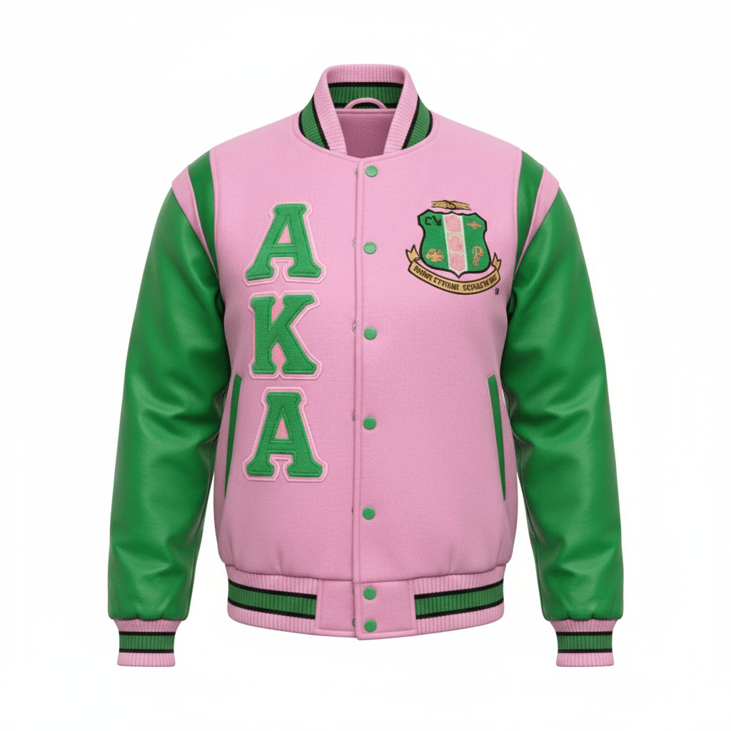 Alpha Kappa Alpha AKA Varsity Letterman Jacket - Pink Wool Green Leather Shoulder Sorority