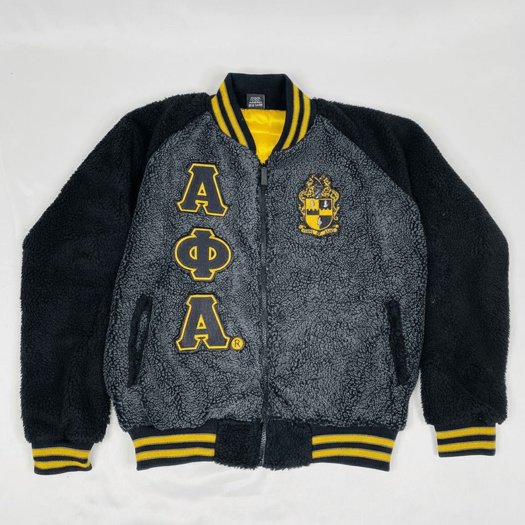 Alpha Phi Alpha Sherpa Bomber Jacket - Warm Sherpa Satin Lining Fraternity