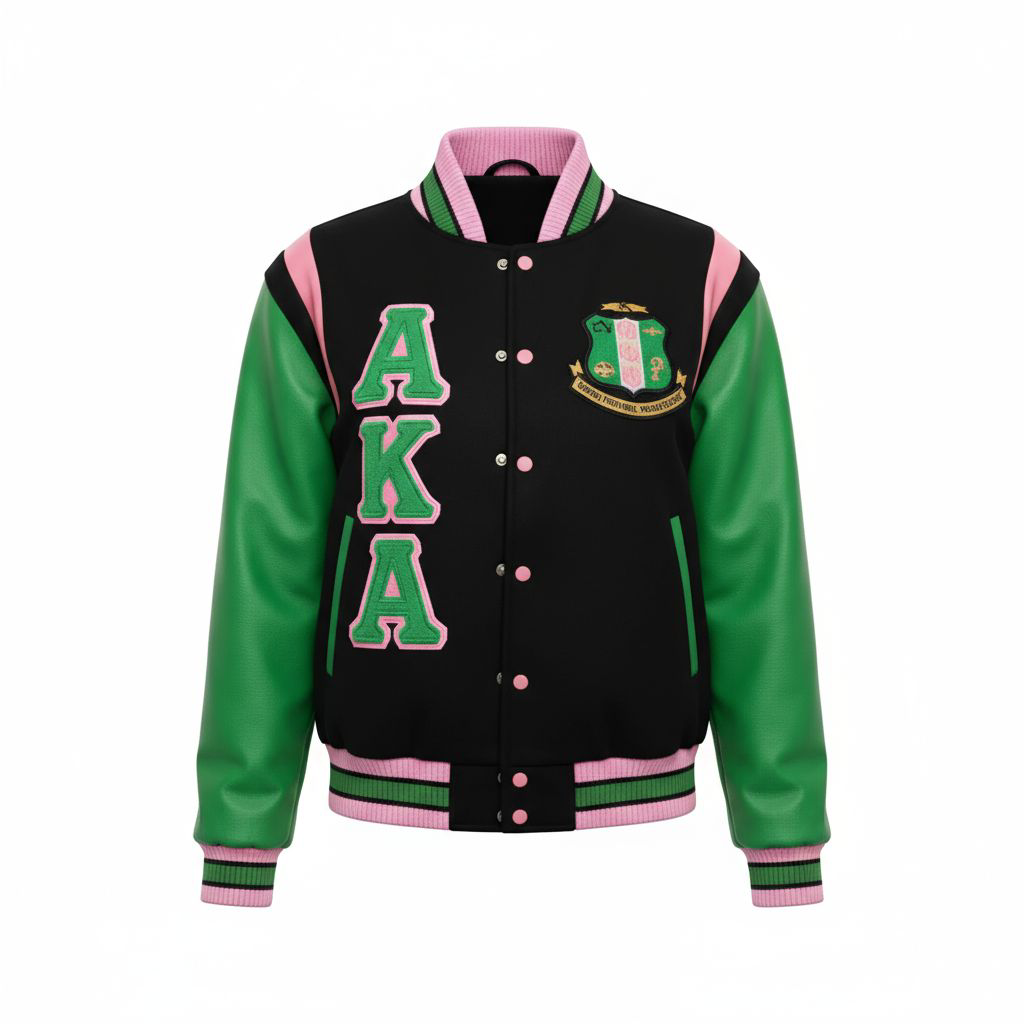 "Unisex Alpha Kappa Alpha (AKA) Letterman Jacket featuring a black 100% wool body, green genuine leather sleeves, pink leather shoulder straps, custom satin lining, embroidered AKA logos, and ribbed neck, cuffs, and waistband for a secure, stylish fit."