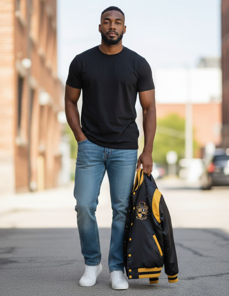 Sleek Alpha Black & Gold Bomber Jacket made from premium satin material for a modern streetwear look.