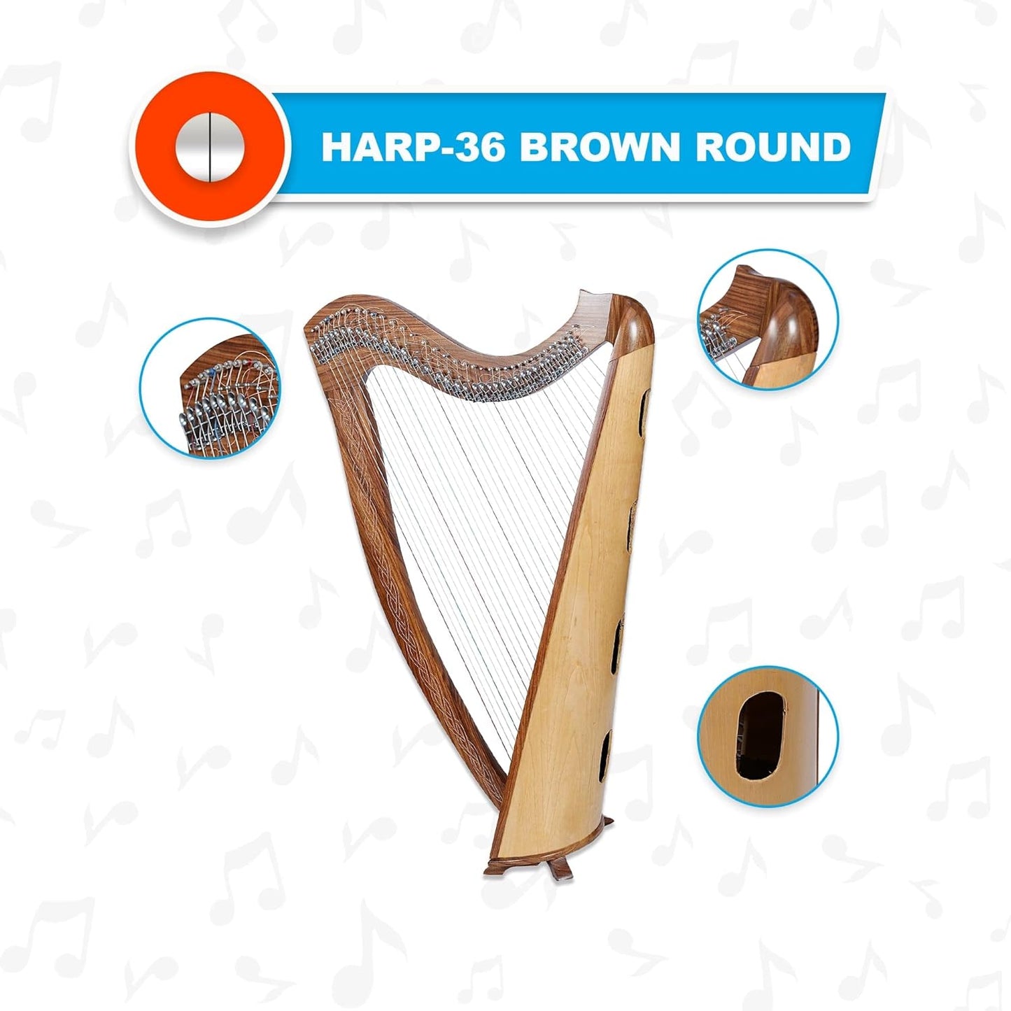 Celtic Lever Harp 36 String Brown - Round Irish Style w/ Bag, Tuning Key & Strings