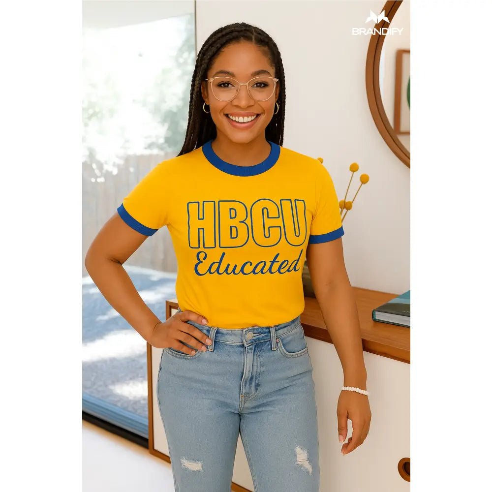 Custom HBCU Women’s Blue/Gold Chenille Tee | Custom D9