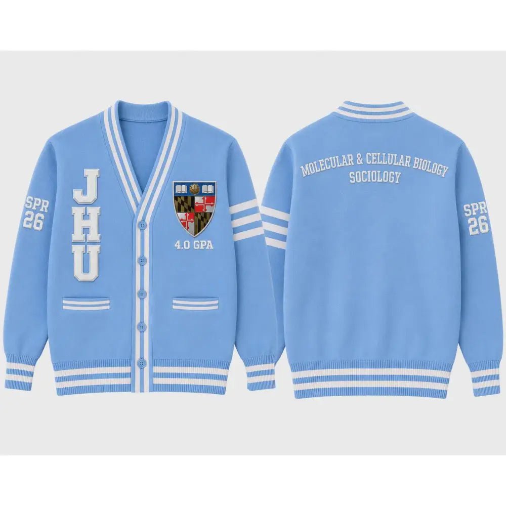 Custom Order cardigan JHU Light Blue with white fully customized Molecular & Cellular Biology, Sociology
