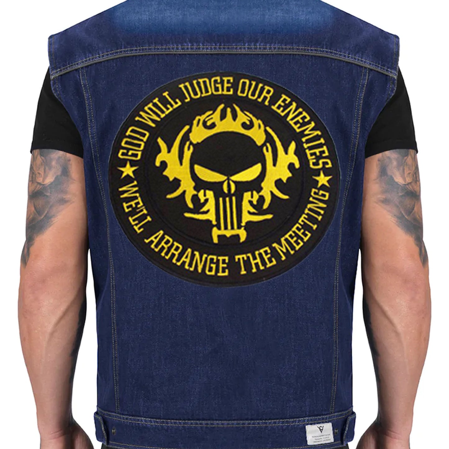 God Will Judge Our Enemies Center Back Patch - Yellow Round Christian for Biker Vest Jacket