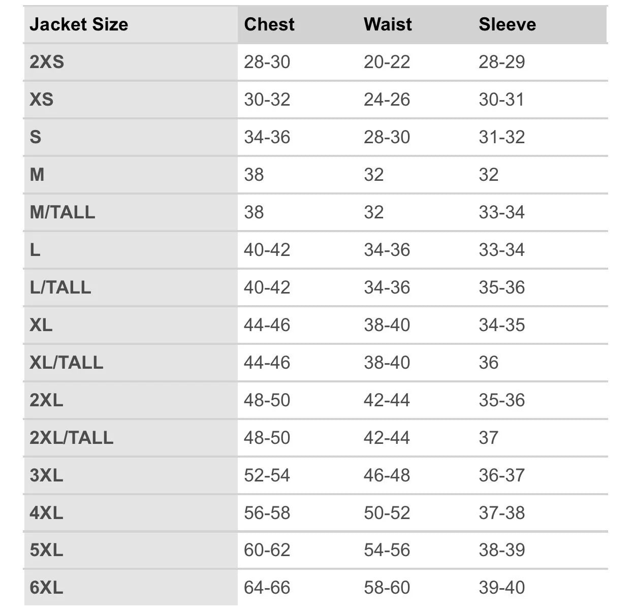 Jacket size chart with measurements for chest, waist, and sleeve length.