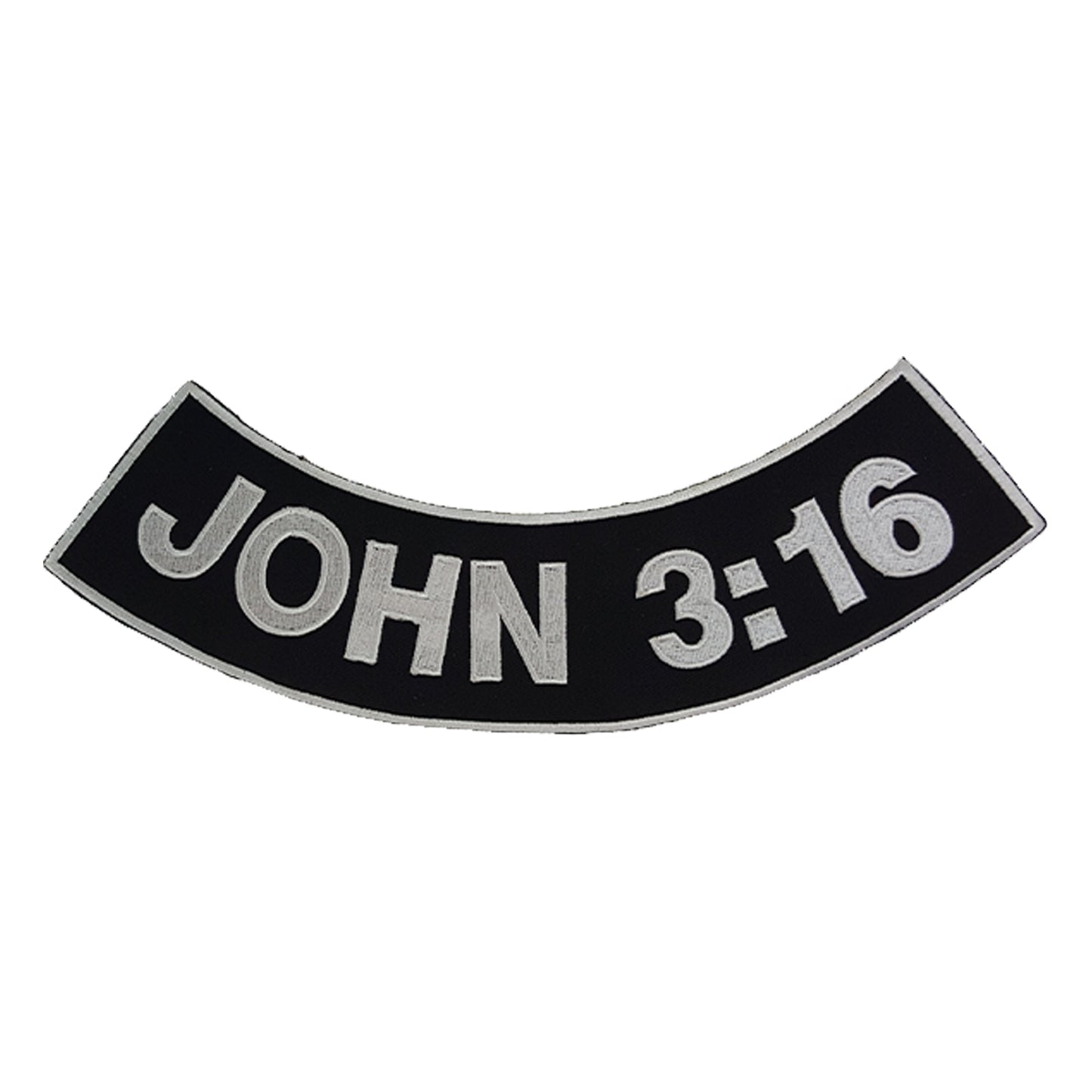 John 3:16 Bottom Rocker Patch - White on Black Iron On Sew On Large Back Patch Christian Biker Vest Jacket