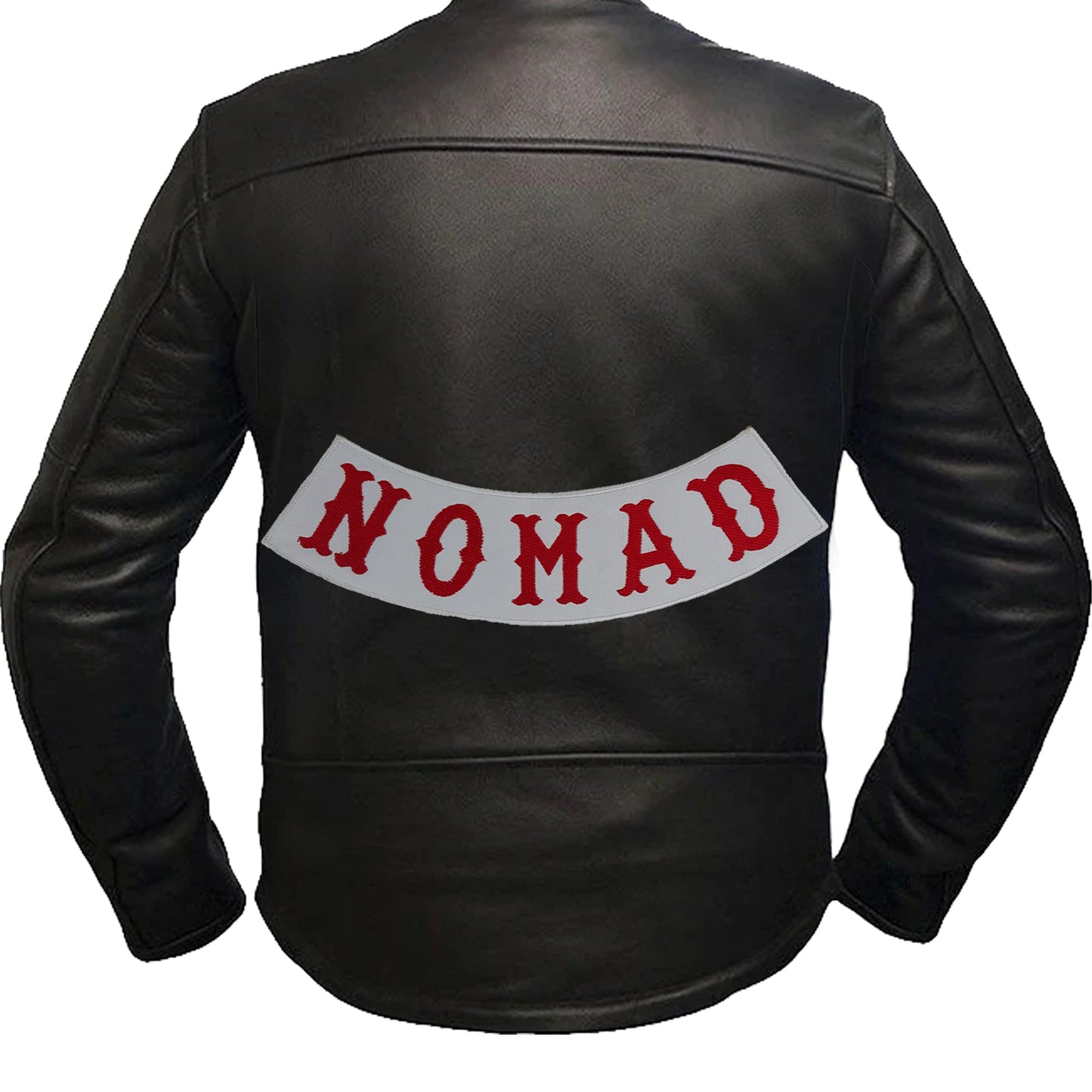 Nomad Bottom Rocker Patch - Red on White Iron On Sew On Large Back Patch for Biker Vest Jacket