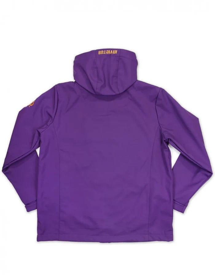Purple jacket with a brand logo on the chest and back against a white background