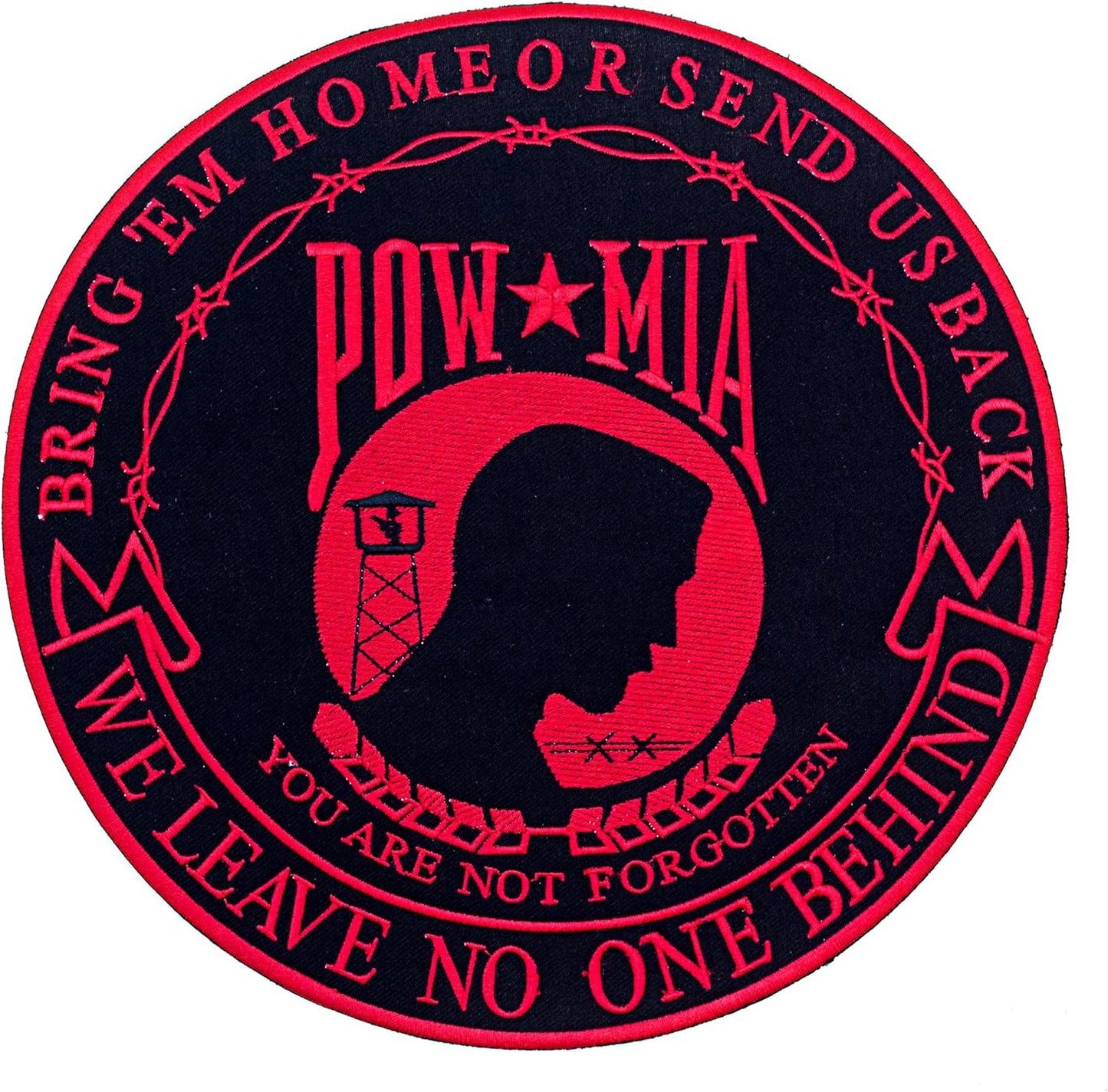 POW MIA We Leave No One Behind Center Back Patch - Red Round Veteran for Biker Vest Jacket