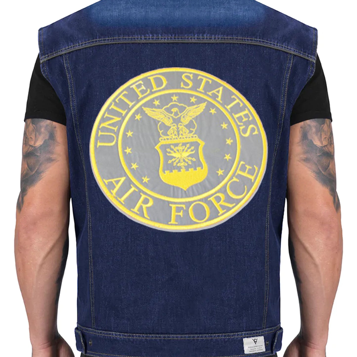 Reflective US Air Force Center Back Patch - Yellow Round Military Veteran for Biker Vest Jacket