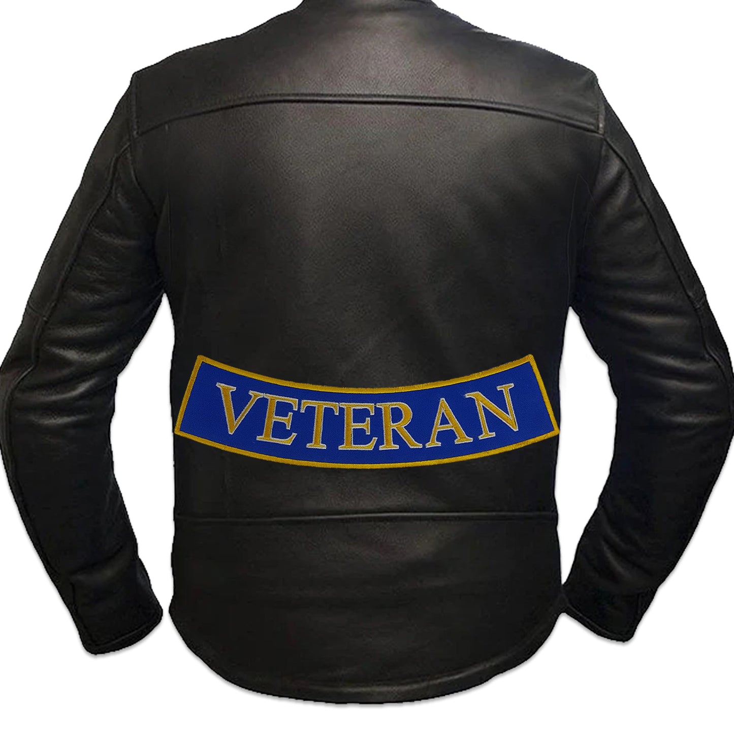 Veteran Bottom Rocker Patch - Yellow on Blue Iron On Sew On Large Back Patch Military for Biker Vest Jacket