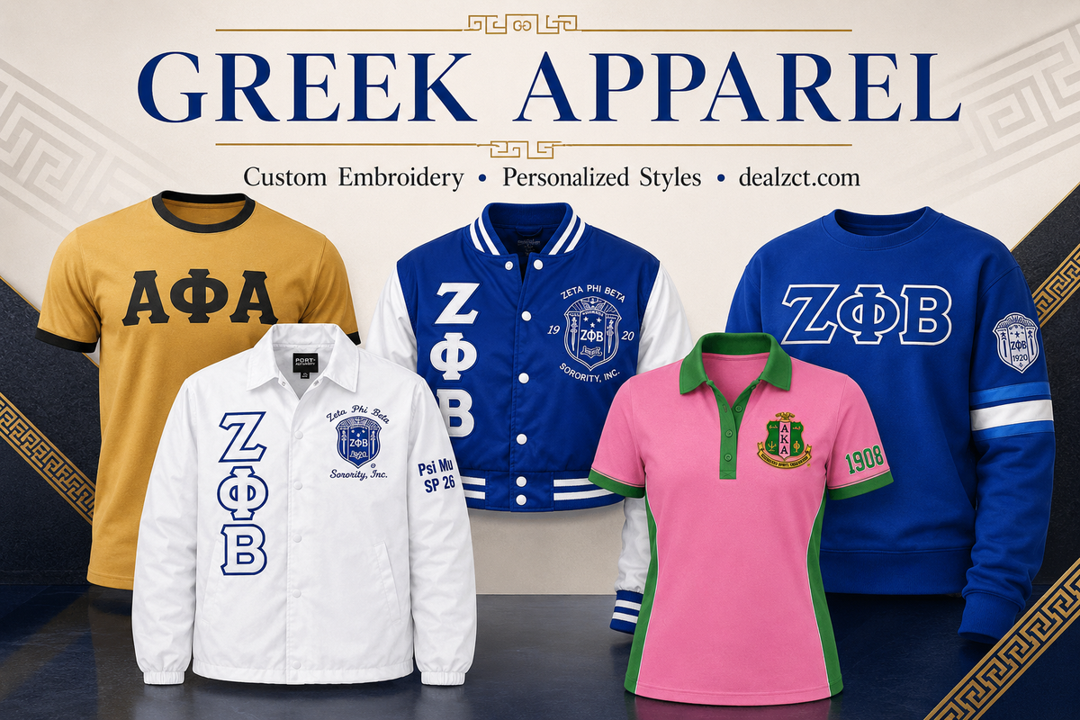 DealzCT Greek apparel collection featuring custom embroidered line jacket, varsity bomber jacket, polo shirt, T-shirt and crewneck sweatshirt