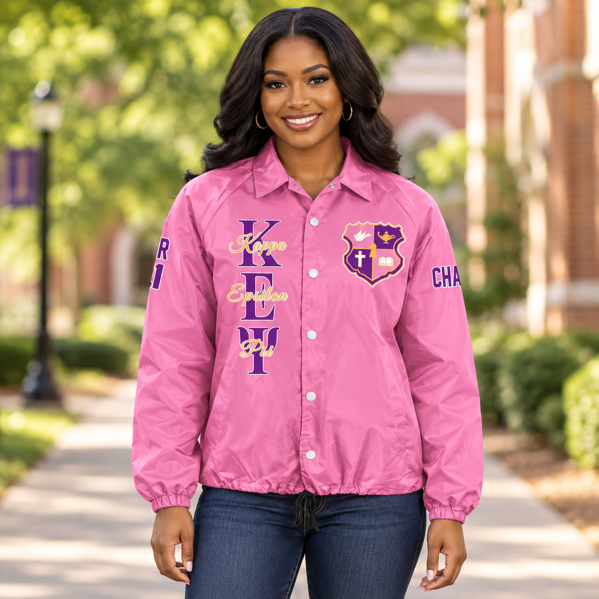Model wearing a pink Kappa Epsilon Psi custom coach jacket